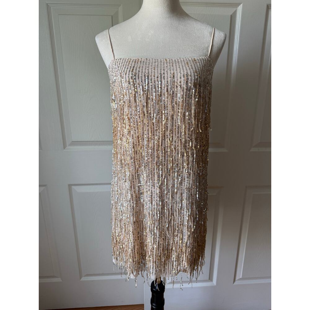 H&M Nude Sequin Fringe Mini Dress Gold Silver Sparkle Size S Cocktail Event Hoco